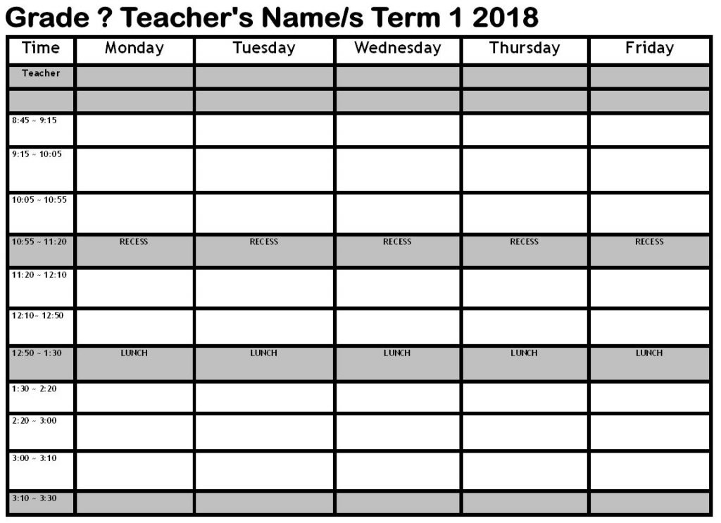 Teacher Classroom Timetable Template